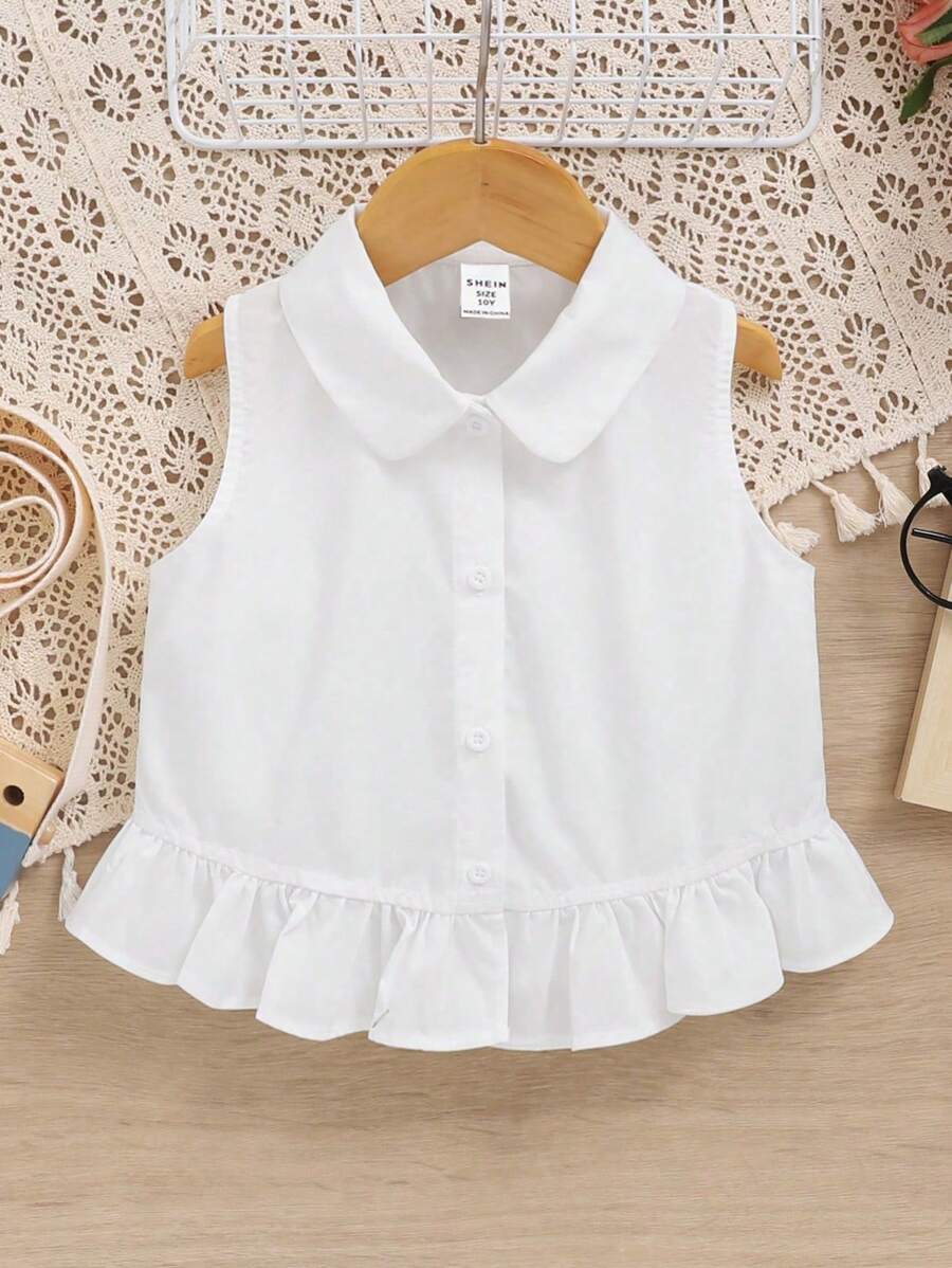 Tween Girl Loose Casual Sleeveless Ruffle Short White Shirt With Simple Lapel - White - View 1