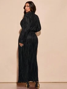 SHEIN BAE 大碼黑色扭結前飄蕩袖襯衫式褶皺短上衣加寬腳褶皺褲兩件式休閒裝套裝，適用於假期約會 - 黑色 - 查看 2