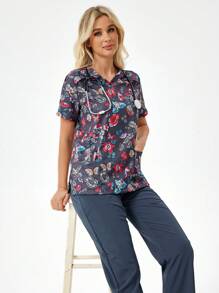 TaskEZ 1 bộ áo sơ mi tay ngắn họa tiết hoa và 1 bộ quần đồng phục phẫu thuật cho mùa hè - Xám - Xem 4