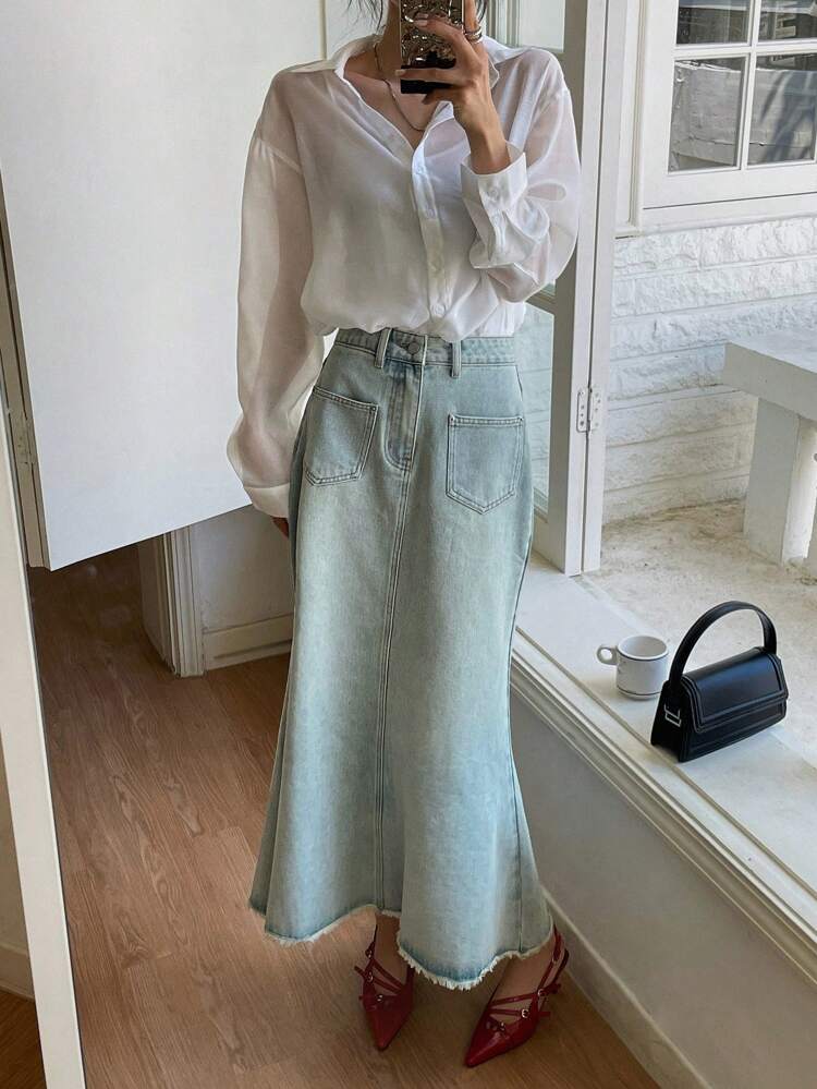 Women's Casual Frayed Hem Denim Mermaid Skirt, Spring/Summer/Autumn