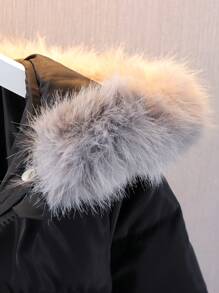 Jong meisje middellange capuchon puffer jas met pluizige en ritssluiting, imitatie leren patchwork
