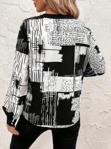 SHEIN Clasi 黑白印花長袖通勤襯衫 - 黑與白 - 查看 2