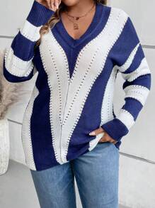 SHEIN LUNE Plus Size Women Blue & White Striped V-Neck Long Sleeve Sweater Autumn Pullover