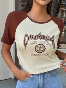 DAZY Áo thun tay lỡ họa tiết chữ Raglan, Áo crop top nữ - Gỗ đỏ - Xem 1