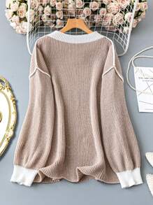 SHEIN LUNE 大码女式撞色圆领针织衫，饰有撞色滚边，休闲简约风，秋冬款 - 彩色 - 查看 2