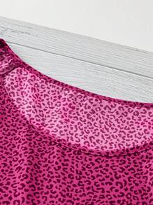 SHEIN LUNE 豹紋荷葉邊袖上衣 - 玫紅色 - 查看 3