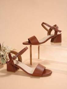 Nuevos Sandalias de tacón grueso beige para mujer con estilo de moda - Marrón - Ver 3