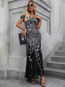 SHEIN Belle Vestido formal longo em estilo sereia brilhante, ideal para formaturas, casamentos e outras festas - Preto e Branco - Visão 5