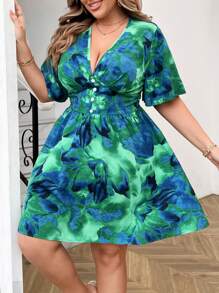 SHEIN Unity Plus Size V-Neck Floral Print Ruffled Short Sleeve Knee-Length Elegant Dress - Multicolor - View 6