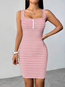 SHEIN Unity Vestido ajustado a rayas con media botonadura - Rosa - Ver 5