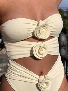 INAWLY 女士性感純色露肩連體褲，3D花朵裝飾，適合夏季穿著 - 米色 - 查看 5