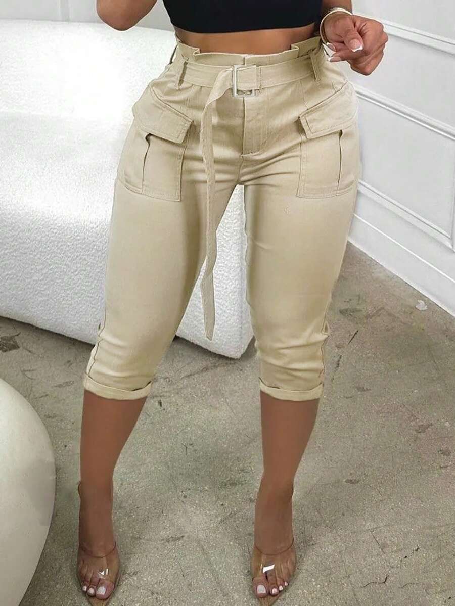 Flap Pocket Belted Capris Pants For Dailywear - Khaki - View 1