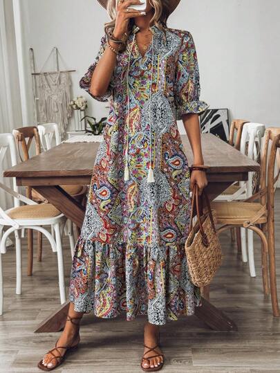 LanaWest Women's Bohemian Style Printed Mid-Sleeve Dress,Ladies Boho Fringe,Ruffle Hem Half Sleeve Tie Neck Loose Long Multicolor Flounce Sleeve All Over Print,Paisley Smock Women Long Dresses,Spring/Fall,Casual Daily Wear Maxi Women Outfit