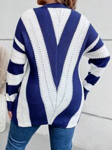 SHEIN LUNE Plus Size Women Blue & White Striped V-Neck Long Sleeve Sweater Autumn Pullover