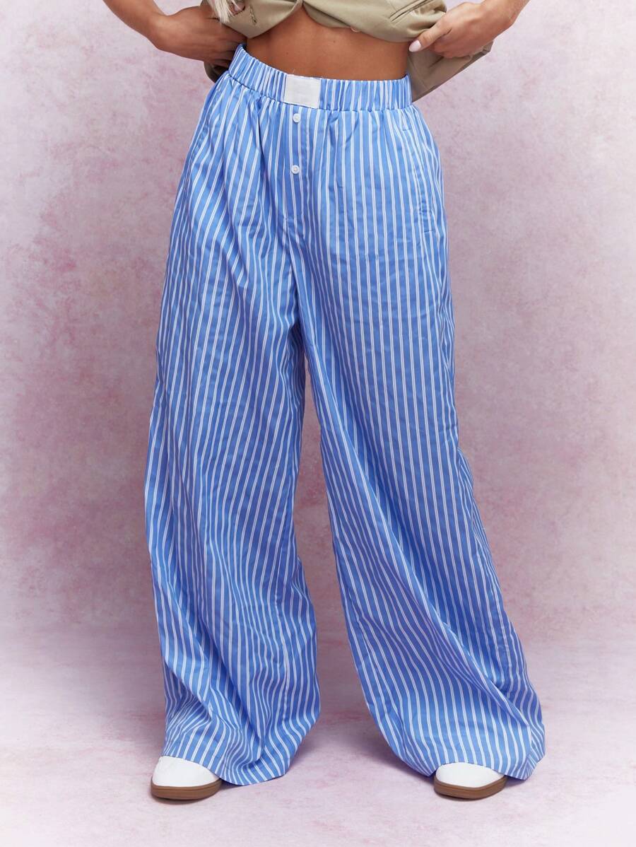 MISSGUIDED Buttoned Striped Wide Leg Pajama Pants Office Wear - Blue and White - View 1