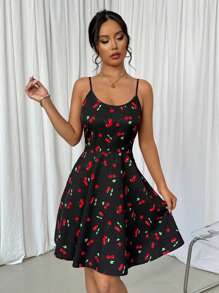 SHEIN Essnce Vestido Informal de Verano con cinta para el hombro y estampado de cereza para mujer - Negro - Ver 5