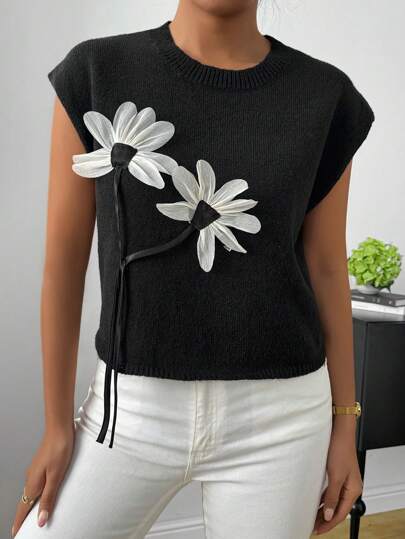 Chiquease Short Knitted Top With 3D Flower Embellishment And Puff Sleeves, Summer