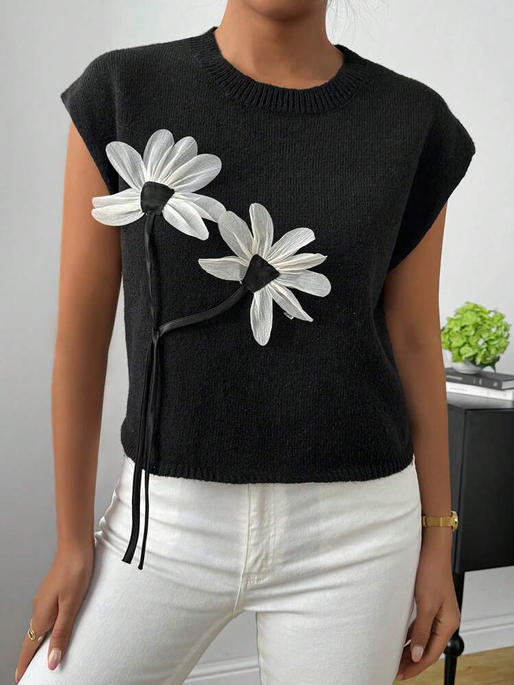 Chiquease Short Knitted Top With 3D Flower Embellishment And Puff Sleeves, Summer - Black - View 1