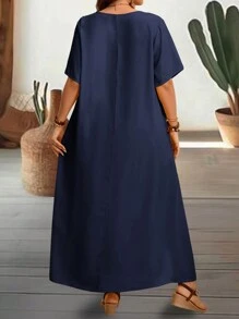 EMERY ROSE 大碼女性夏日假期純色V領短袖寬鬆長款嬰娃裙 - 藏蓝色 - 查看 2