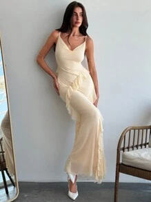 Aloruh Spaghetti Träger Kleid im romantischen Stil mit drapiertem eng anliegendem Ausschnitt und Rüschen Saumdekorationen für Frühling/Sommer