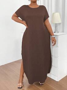EMERY ROSE Plus Solid Split Hem Slant Pocket Tee Dress Maxi Women Outfit - Brown - View 4