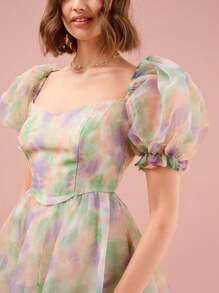 Enchnt Colorful Tie-Dye Puff Sleeve Dress