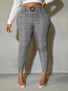 SHEIN SXY Plus Size Women's Houndstooth Pattern Slim Fit Versatile Suit Pants