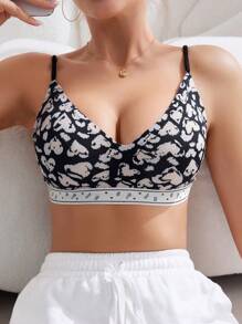 2pcs Women's Printed Bra Set With Spaghetti Strap, Casual & Comfortable, Open Back Design