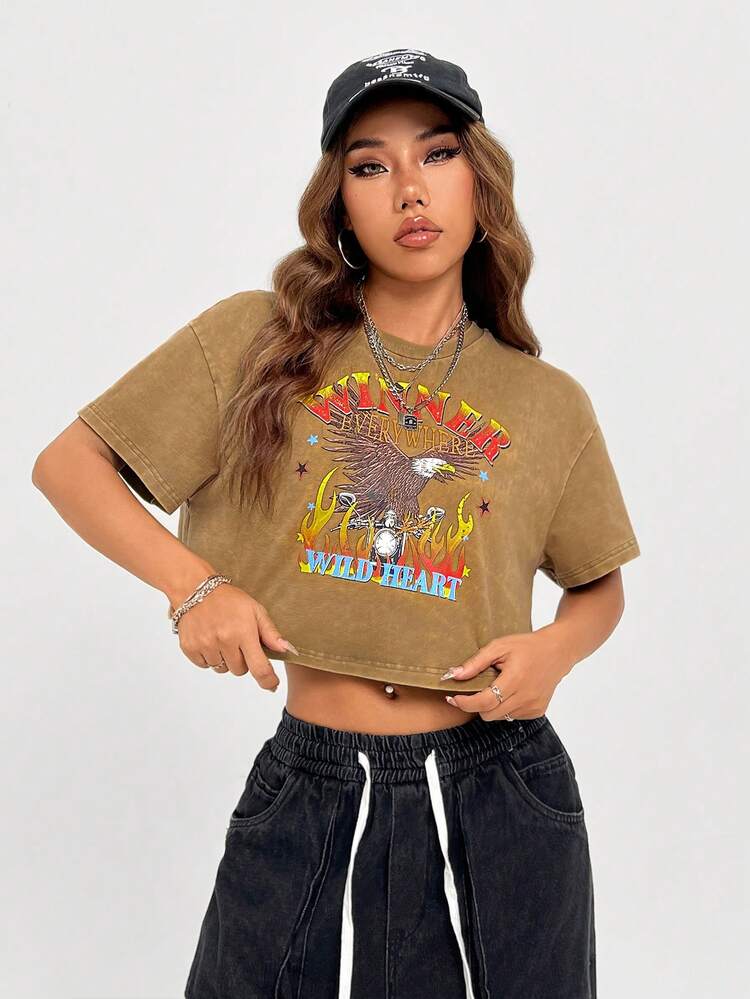 Women's Brown Eagle Heavy-Washed Short T-Shirt