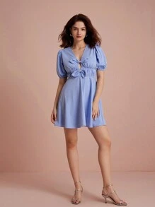 Aveloria Rosie Vestido simple y liso de manga corta para uso diario de mujer - Azul - Ver 3