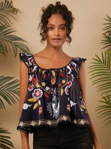 Travachic 度假風格編織印花方領短袖寬鬆女裝上衣 - 黑色 - 查看 1