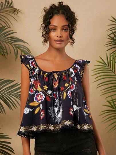 Travachic 度假風格編織印花方領短袖寬鬆女裝上衣