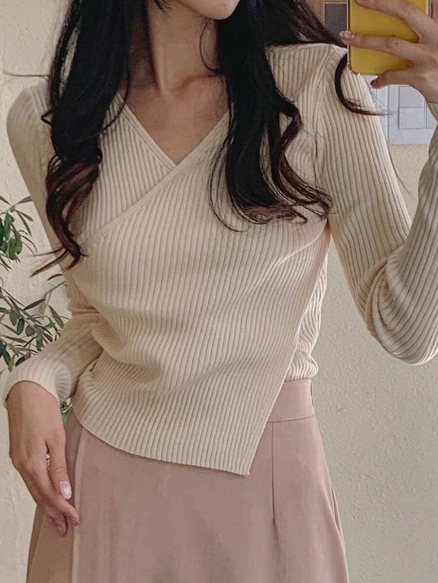 DAZY Women's V-Neck Ribbed Gentle & Elegant Sweater With Pleated Details And Long Sleeves,Fall Women Clothes - Apricot - View 1