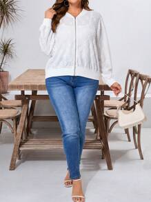 SHEIN LUNE 大尺碼女士度假燒花刺繡長袖棒球外套 - 白色 - 查看 6