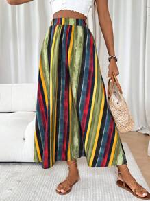 SHEIN Clasi Falda larga casual de cintura alta con rayas de colores para mujer - Multicolor - Ver 3