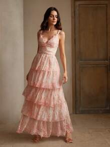 Anewsta Đầm ren hở lưng yếm dây dự tiệc - Màu vàng - Xem 1