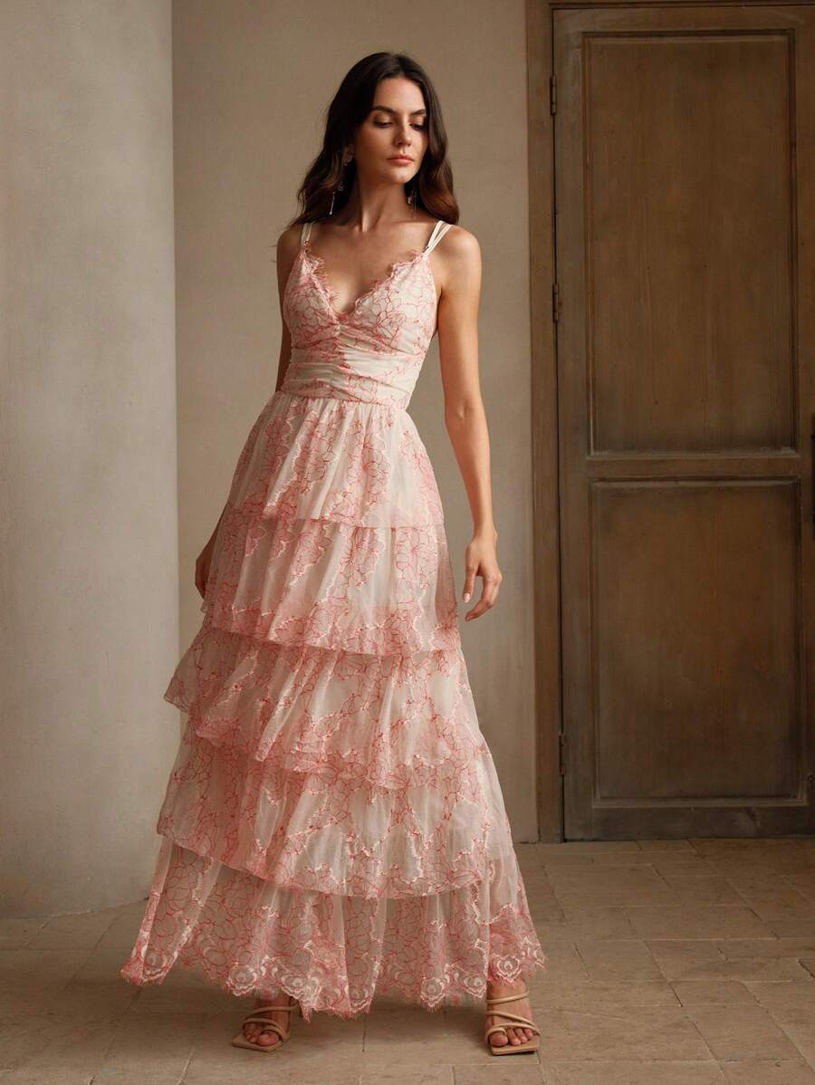 Anewsta Đầm ren hở lưng yếm dây dự tiệc - Màu vàng - Xem 1