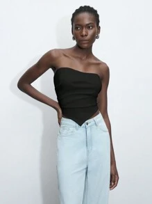 Maija Solid Asymmetrical Hem Bandeau Tube Top For Summer  Romantic, Fashion, Versatile; Suitable For Summer Vacation, Comfortable, Bohemian Style, Beach Wear, Swimsuit Cover-Up, Stylish, Elegant, Casual, , Simple Daily Wear, Country Style, Essential, Solid Color, Holiday Casual, Decent, Single Lady, Ideal For Vacation Elegant Fashion Business Casual Woman Going Out Tops Graduation Outfit European Summer Hawaii Outfits Women Summer Dresses For Women Streetwear Women Stockholm Style Teacher Outfits For Women - Black - View 3