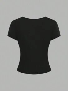 SHEIN EZwear Camiseta de verano para mujer con cuello de muesca y pliegues con unicolor, conjunto de 3 - Verde Oscuro - Ver 12