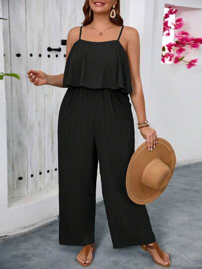 SHEIN VCAY 大码女式夏季纯色拼布荷叶边下摆无袖阔腿休闲连体裤