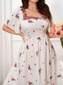 Modelyn Váy họa tiết hoa ngẫu nhiên cỡ lớn, váy đi biển, tiệc tùng, mùa hè, thường ngày, đi nghỉ và hẹn hò - Màu be - Xem 3