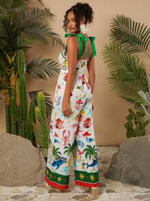 SHEIN VCAY Bộ đồ liền thân in họa tiết dây đeo vai cho nữ, đi nghỉ thường ngày - Nhiều màu - Xem 2