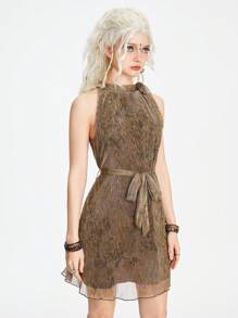 ROMWE Vintage Floral Pleated Metallic Fabric Women's Stand Collar Belted Sleeveless Dress - Brown - View 2