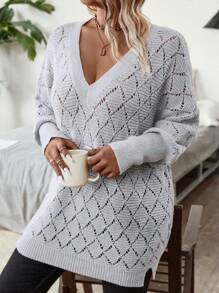 Calvaya Plus Size Vintage Fashionable V-Neck Hollow Out Sweater Knit Pullover Fall Winter - Grey - View 1