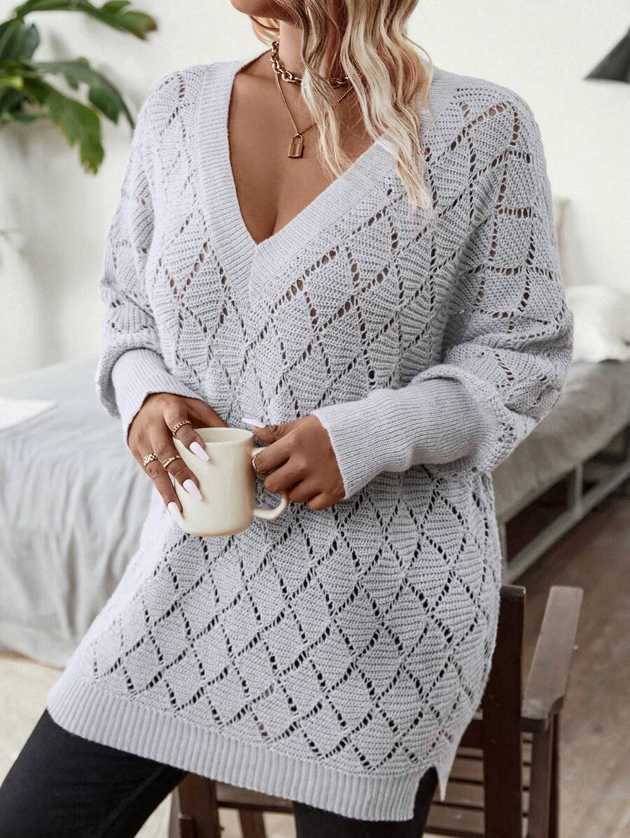 Calvaya Plus Size Vintage Fashionable V-Neck Hollow Out Sweater Knit Pullover Fall Winter - Grey - View 1