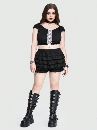 Kawaii Color Block Lace Bow Tie Hollow Out Texture Fabric Tight-Fitting Plus Size T-Shirt