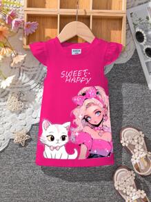 SHEIN Hoạt hình Chân dung & Hình con mèo Vòng cổ Đầm Đối với Bé gái - Màu Hồng Tươi - Xem 1