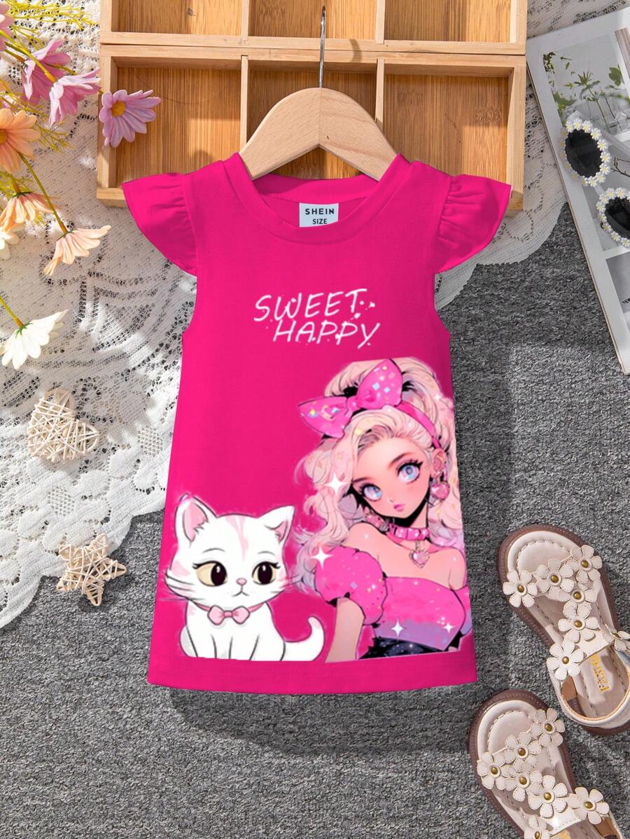 SHEIN Hoạt hình Chân dung & Hình con mèo Vòng cổ Đầm Đối với Bé gái - Màu Hồng Tươi - Xem 1