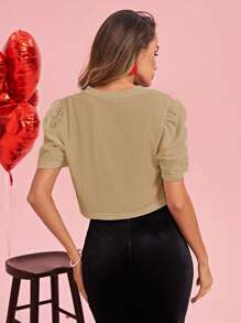 SHEIN Clasi Chaqueta ligera de manga abullonada y corta de unicolor para mujer, para primavera/verano y otoño/invierno - Albaricoque - Ver 2