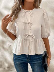 SHEIN Clasi Women's Summer Front Tie Short Puff Sleeve Peter Pan Collar Top With Ruffle Hem Back To School Shirts